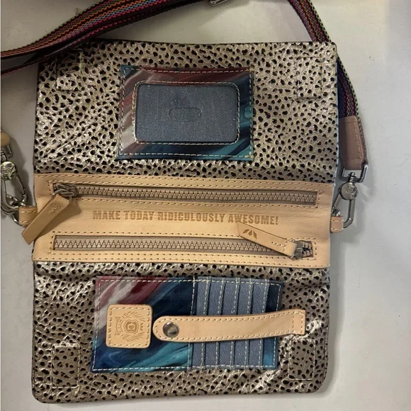 Consuela Metallic Silver Leopard Crossbody with Rainbow Woven Strap and Tan Trim - Picture 4 of 5